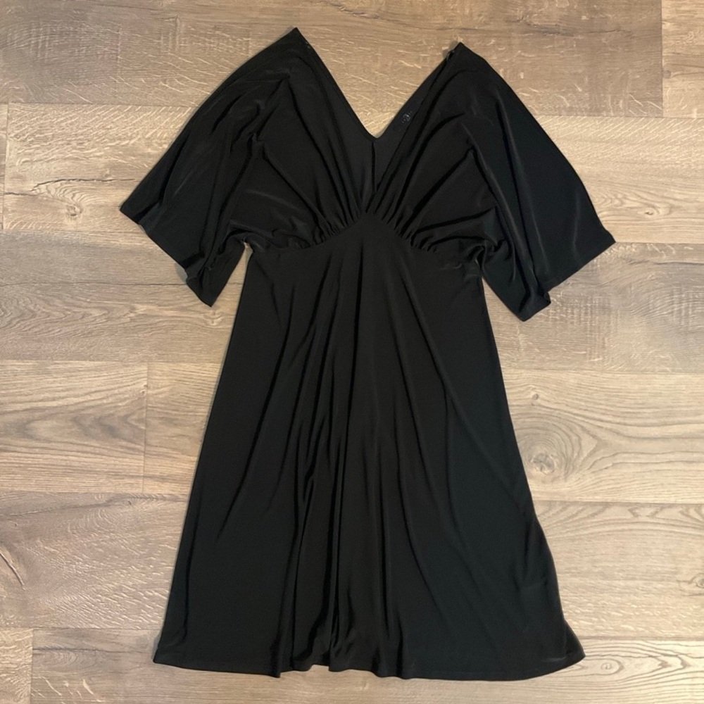 Saints v-neck black mini dress with ruched detail at bust, M